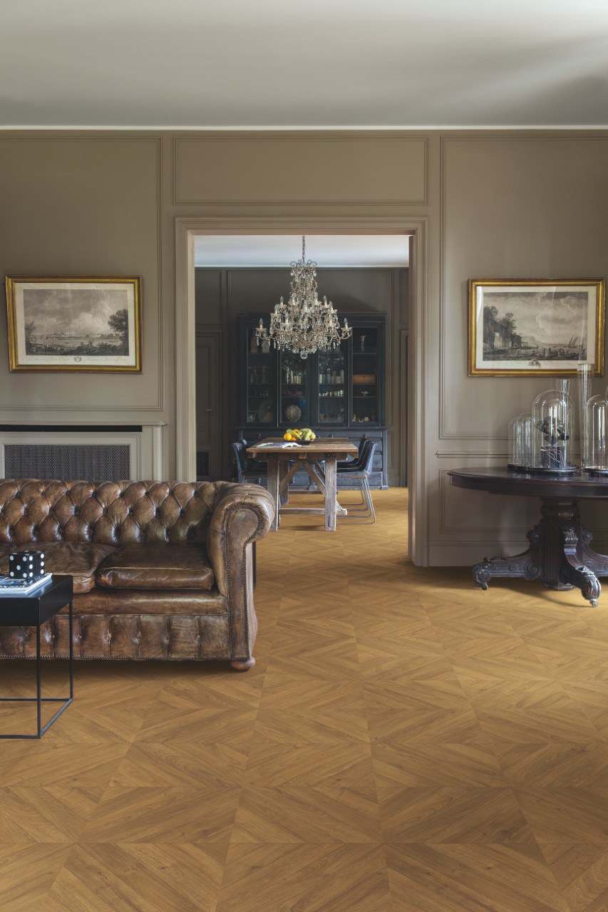 Ламинат Quick Step Castle Ultra Дуб Горчичный CAU4162 1200×396×12 фото в интерьере